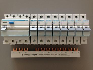 Hager ***SET*** FI: 1x CDA440D + 8x Hager LS-Schalter MBN116 + 1x KDN363F Sammelschiene